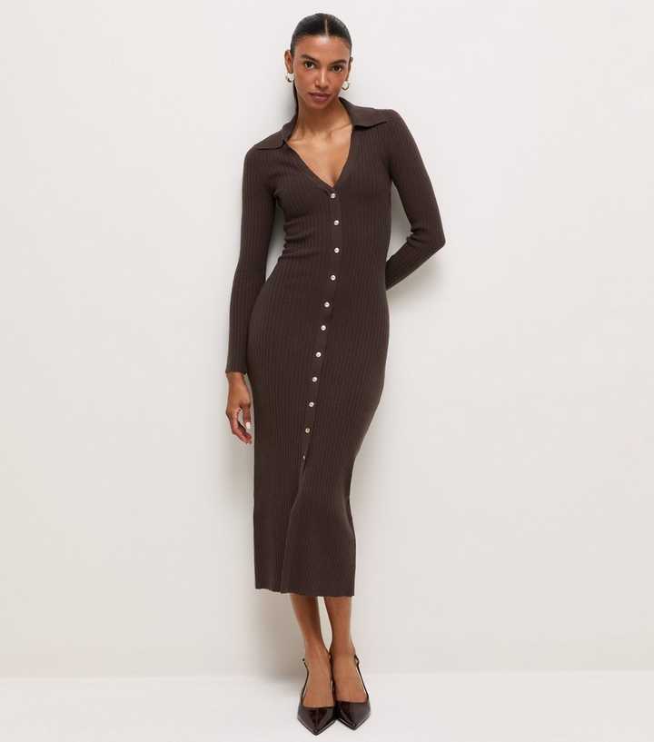Dark Brown Lightweight Ribbed Knit Collared Midi Dress