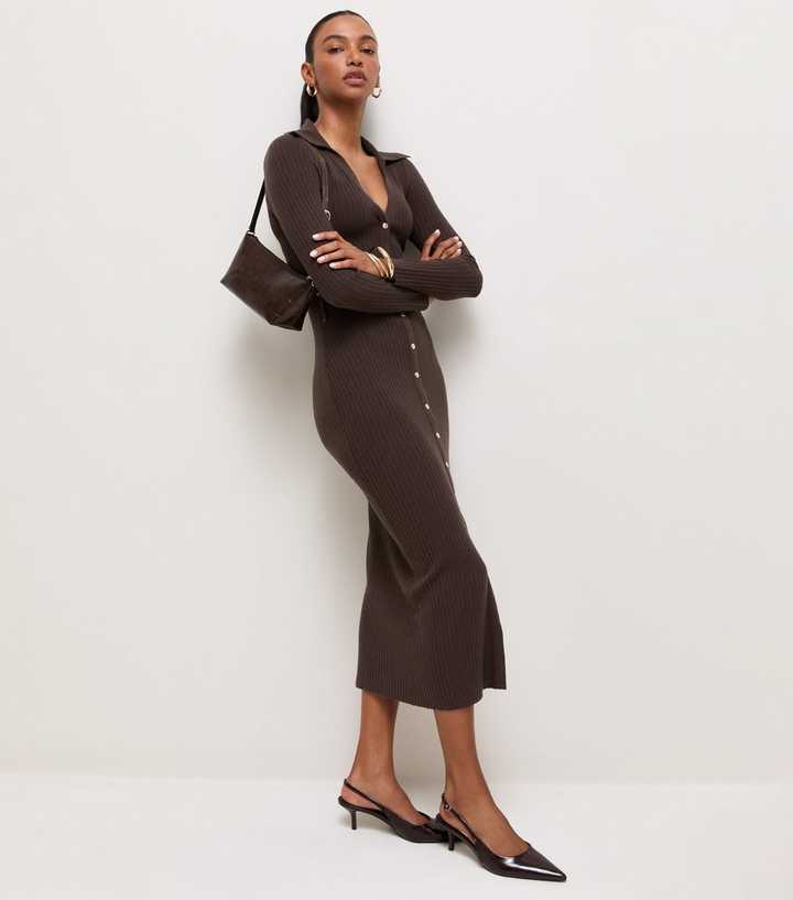 brown knit dress midi Dark Lightweight Ribbed Collared Size:L/42 long sleeves Collection IV Adrianna Papell Plus Size