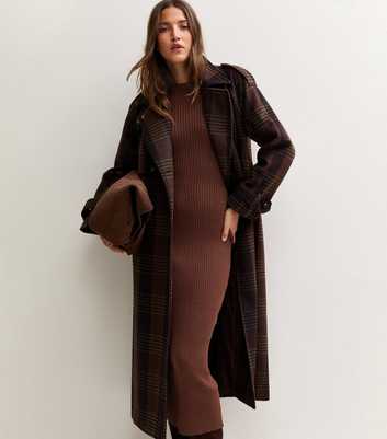 Mid Brown Ribbed Lightweight Knit Midi Dress