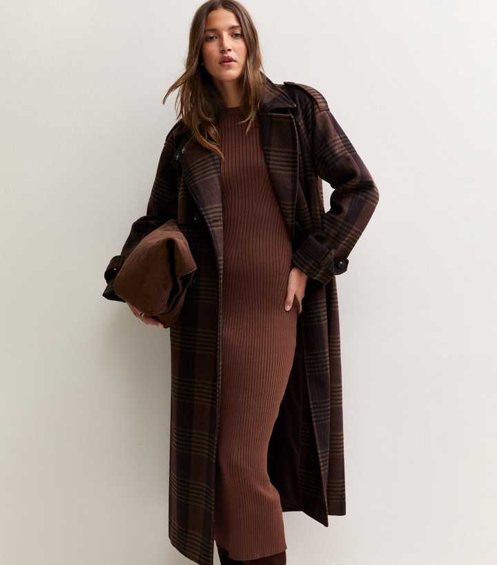 Mid Brown Ribbed Lightweight Knit Midi Dress