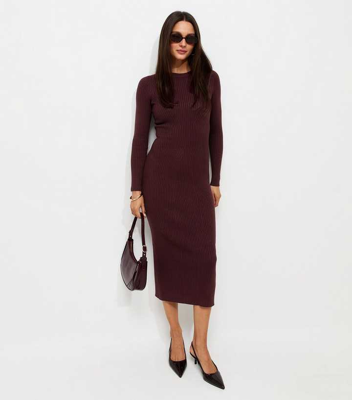 Dark Burgundy Ribbed Lightweight Knit Midi Dress