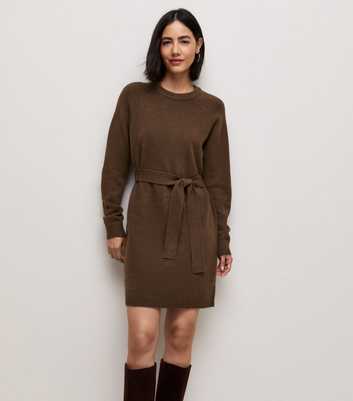 Dark Brown Midweight Knit Belted Mini Dress
