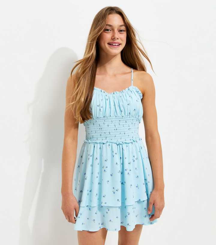 Girls Blue Floral Shirred Shirred waist Mini Dress