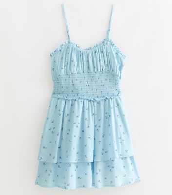 Girls Blue Floral Shirred Shirred waist Mini Dress