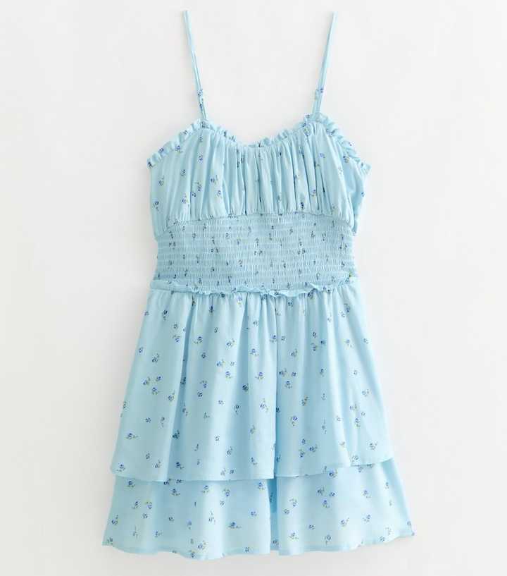 Girls Blue Floral Shirred Shirred waist Mini Dress
