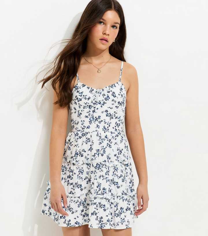 Girls White Floral Print Dress