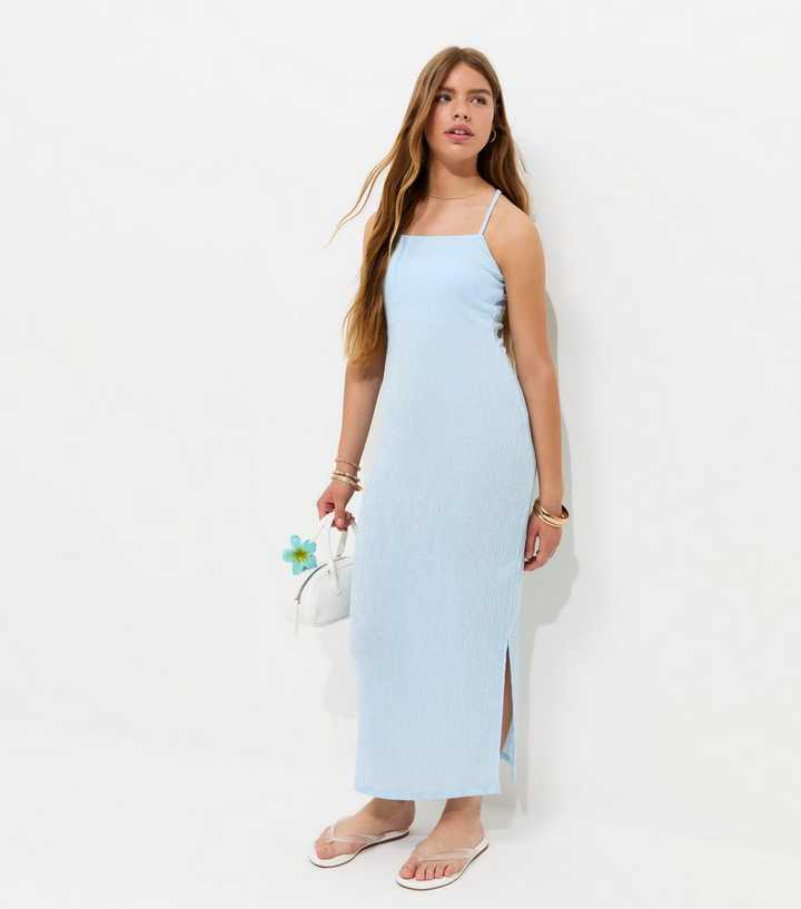 Girls Light Blue Textured Jersey Halter Maxi Dress