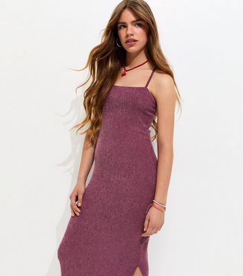 Girls Dark Burgundy Textured Jersey Halter Maxi Dress