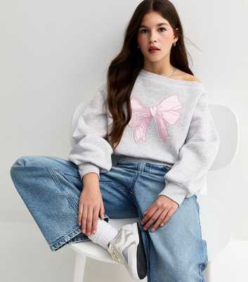 Girls Grey Satin Bow Off Shoulder Sweatshirt
