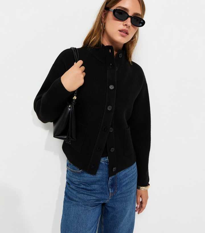 Black Knitted Front Patch Pocket Cardigan