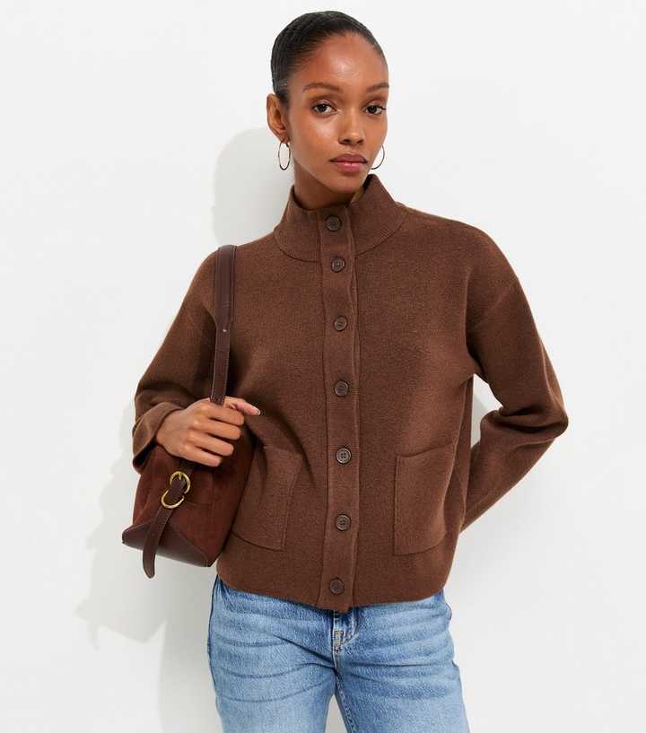 Brown Knitted Patch Pocket Bomber Cardigan