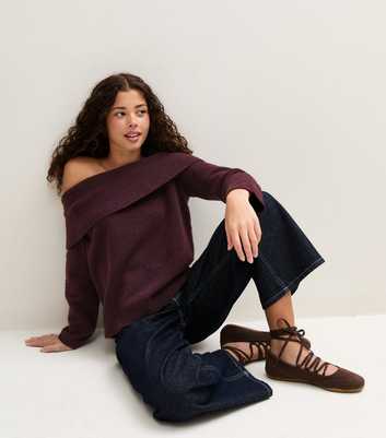 Girls Dark Brown Relaxed Bardot Neck Jumper
