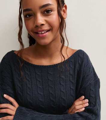 Girls Navy Micro Cable Knit Slash Neck Jumper