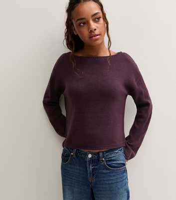 Girls Dark Purple Knitted Slash Neck Jumper