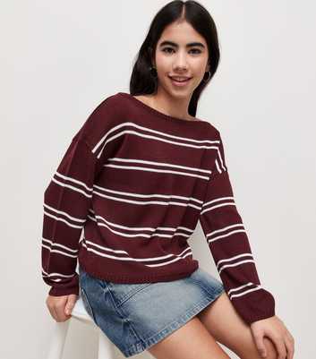 Girls Purple Fine Knit Horizontal Stripe Slash Neck Jumper