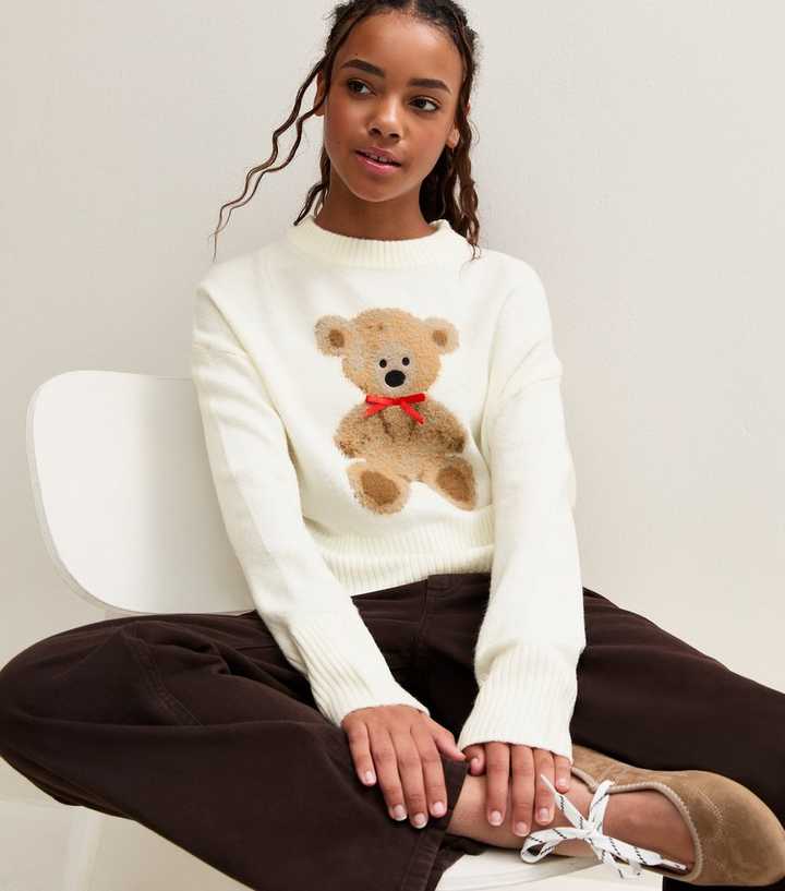 Girls Off White Knitted Bear Bow Jumper