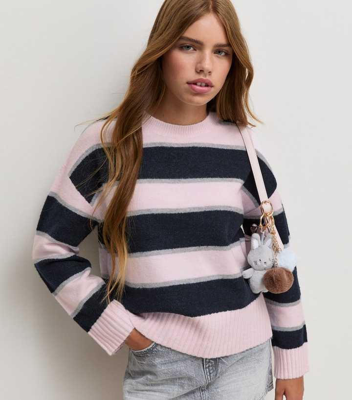 Girls Pink Striped Crew Neck Jumper