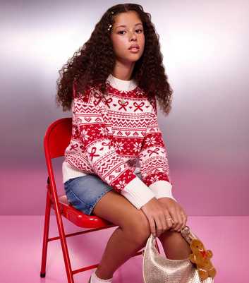 Girls Red Snowflake Fairisle Crew Neck Jumper