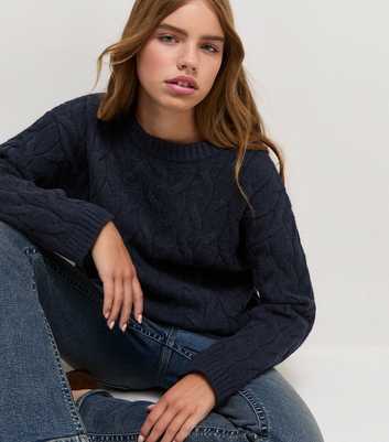 Girls Navy Cable Knit Longline Jumper