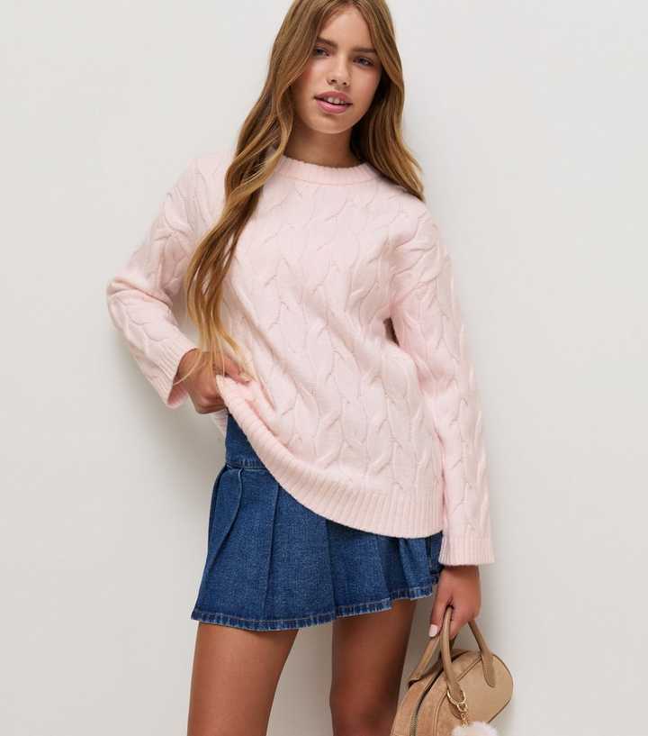 Girls Light Pink Cable Knit Longline Jumper