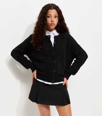 Girls Black Cable Knit Crew Neck Cardigan