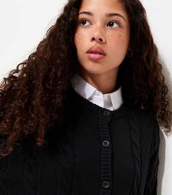 Girls Black Cable Knit Crew Neck School Cardigan