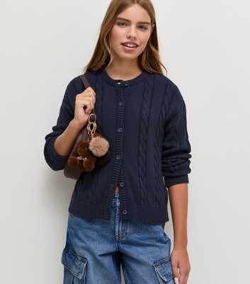 Girls Navy Cable Knit Crew Neck Cardigan