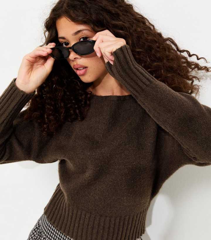 Girls Dark Brown Slash Neck Knitted Jumper