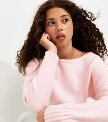 Girls Light Pink Slash Neck Knitted Jumper