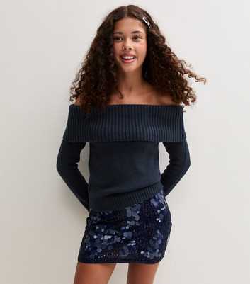 Girls Navy Rib Knit Fold Over Bardot Neck Jumper