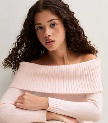 Girls Light Pink Rib Knit Fold Over Bardot Neck Jumper