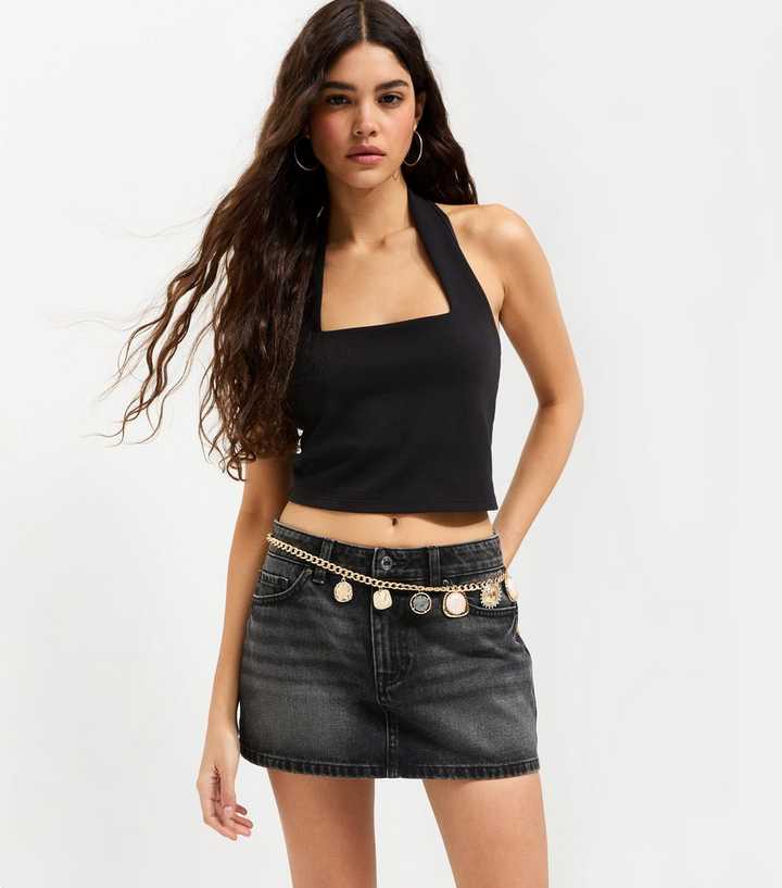 Black Cotton Bleach Effect Micro Denim Skort