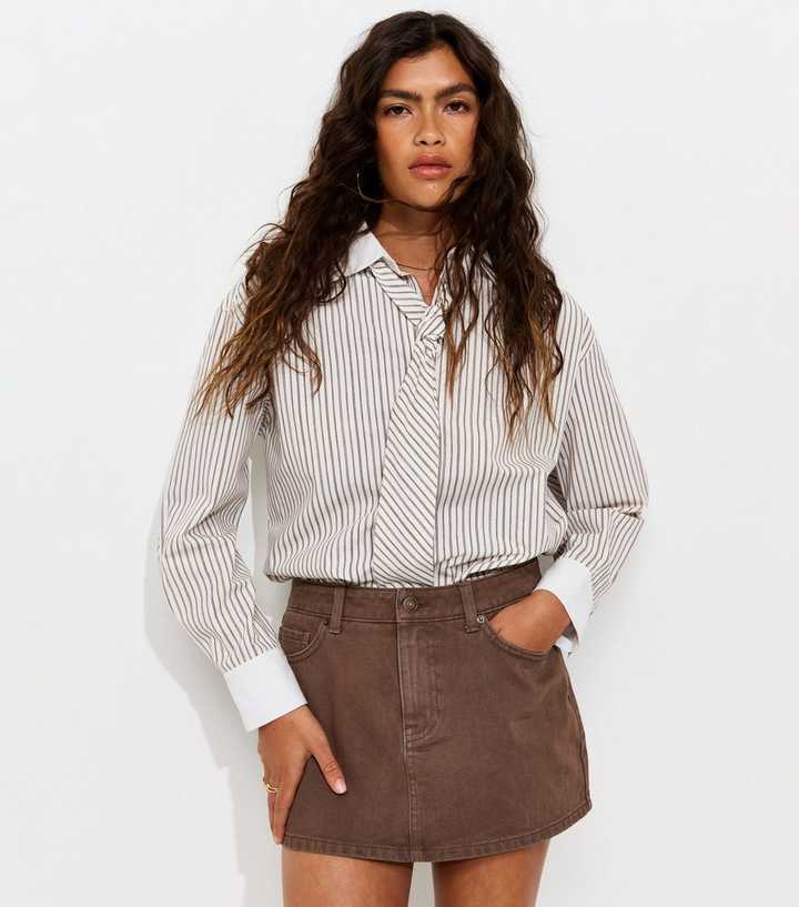 Brown Cotton Micro Denim Skort