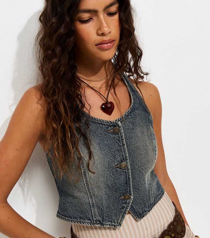 Vintage Tint Blue Cotton Halter Neck Denim Waistcoat