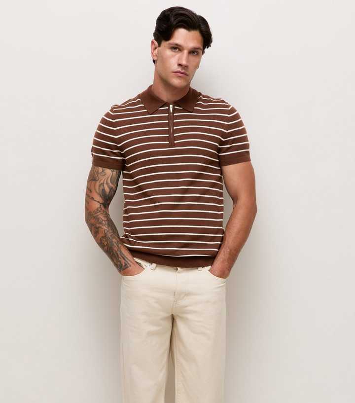 Brown Cotton Rich Regular Fit Striped Zip Polo Shirt