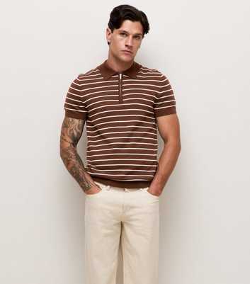 Brown Cotton Rich Regular Fit Striped Zip Polo Shirt