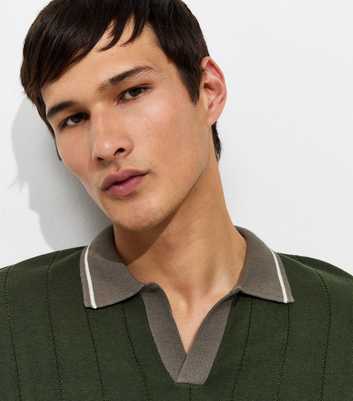 Dark Khaki Cotton Rich Regular Fit Contrast Trim Ribbed Polo Top