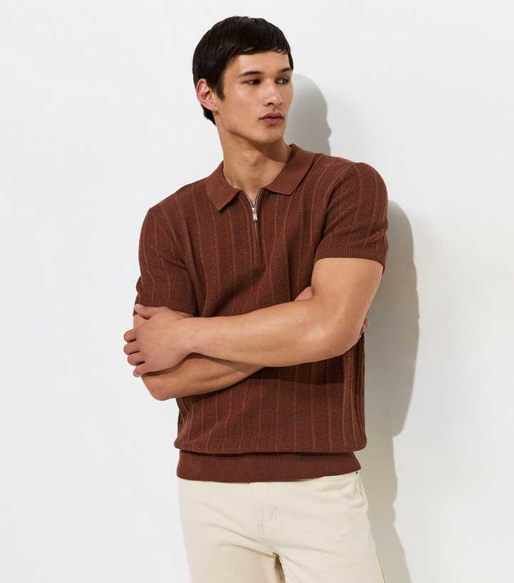 Dark Brown Cotton Rich Regular Fit Vertical Texture Zip Polo Shirt