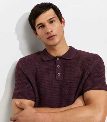 Dark Purple Cotton Rich Basket Knit Buttoned Polo Shirt