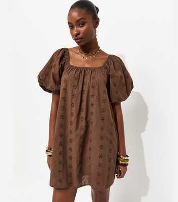 Dark Brown Cotton Puff Sleeve Smock Mini Dress