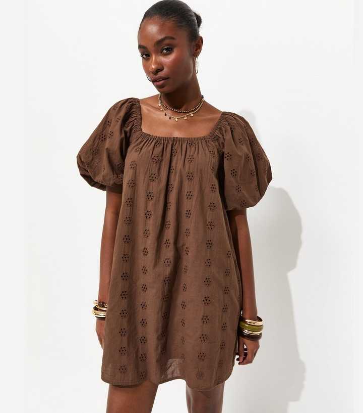 Dark Brown Cotton Puff Sleeve Smock Mini Dress