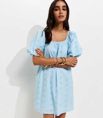 Light Blue Cotton Puff Sleeve Smock Mini Dress