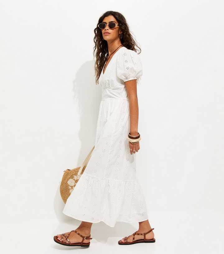 White Cotton Broderie Anglaise Puff Sleeve Midi Dress