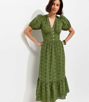 Dark Khaki Cotton Broderie Anglaise Puff Sleeve Midi Dress