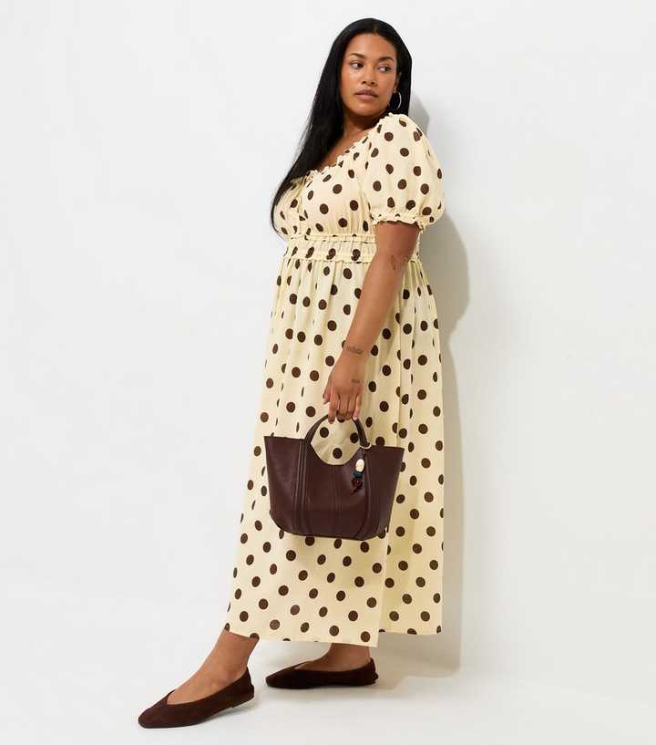 Curves Yellow Cotton Polka Dot Milkmaid Midi Dress