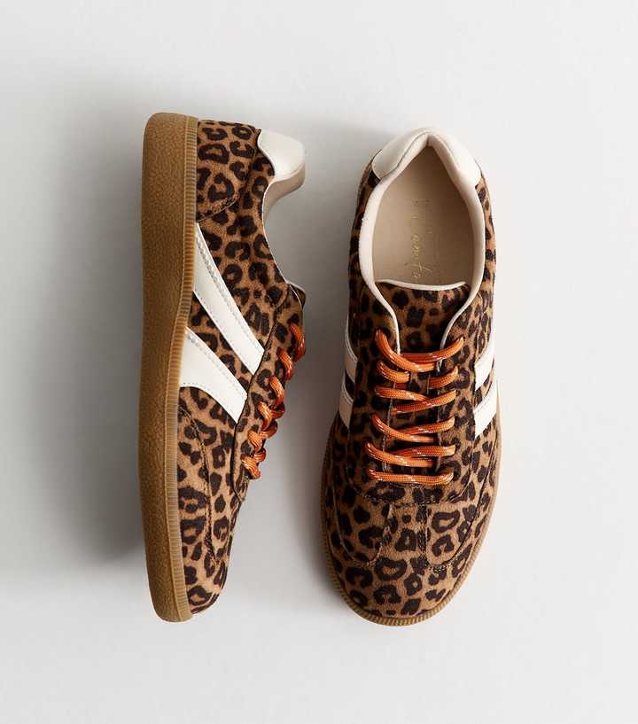 Stone Faux Suede Double Lace Leopard Print Gum Sole Trainers