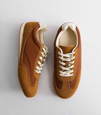 Wide Fit Tan Faux Suede Panelled Lace Up Trainers
