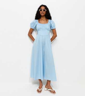 Light Blue Lace Trim Milkmaid Midi Dress