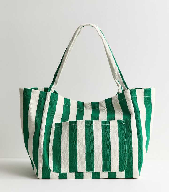 Green Striped Slouchy Tote Bag