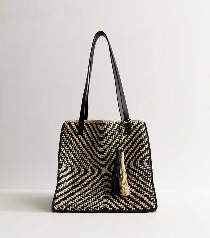 Black Chevron Woven Oversized Tote Bag